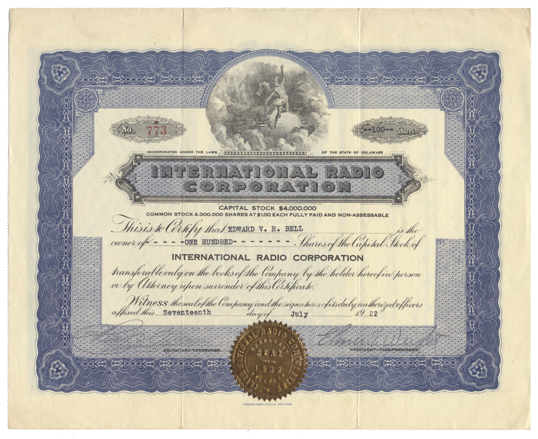 International Radio Corporation Stock Certificate