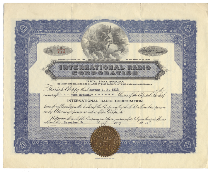 International Radio Corporation Stock Certificate