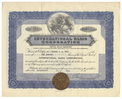 International Radio Corporation Stock Certificate
