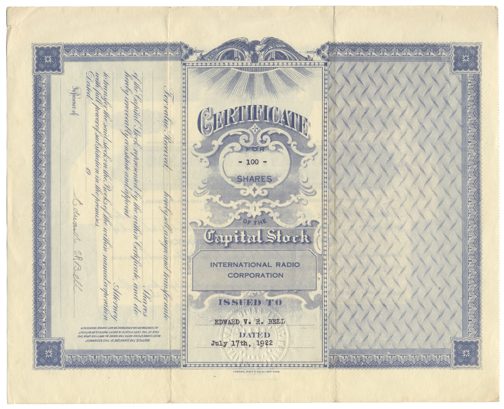 International Radio Corporation Stock Certificate