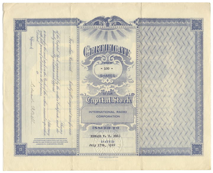 International Radio Corporation Stock Certificate