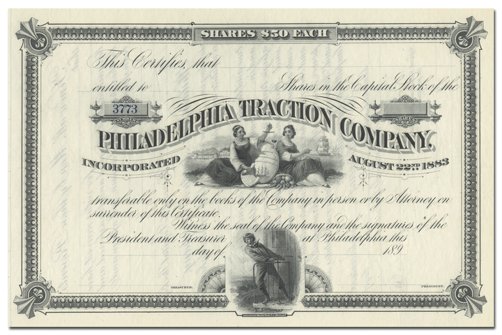 Philadelphia Traction Company Stock Certificate