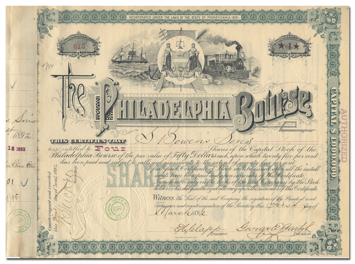 Philadelphia Bourse Stock Certificate