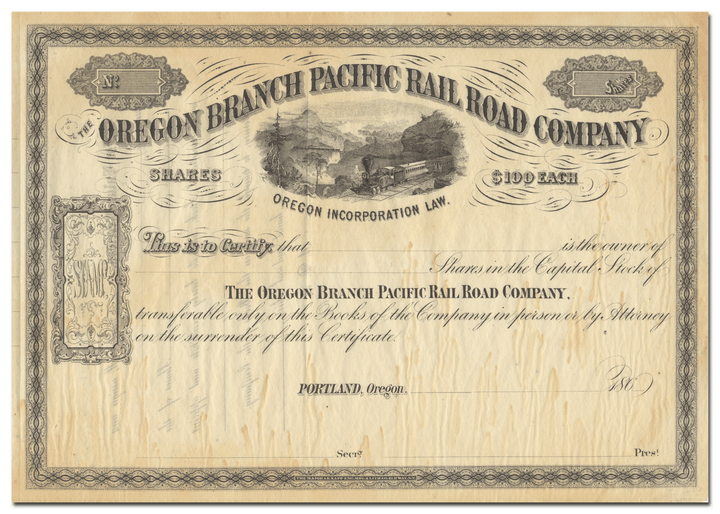 Oregon Branch Rail Road Company Stock Certificate