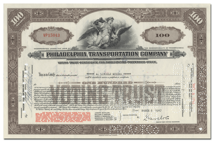 Philadelphia Transportation Company Stock Certificate