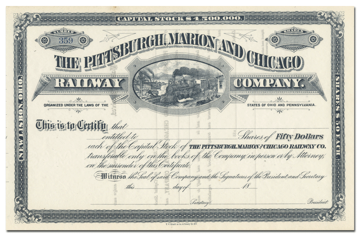 Pittsburgh, Marion and Chicago Railway Company Stock Certificate