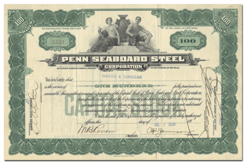 Penn Seaboard Steel Corporation Stock Certificate