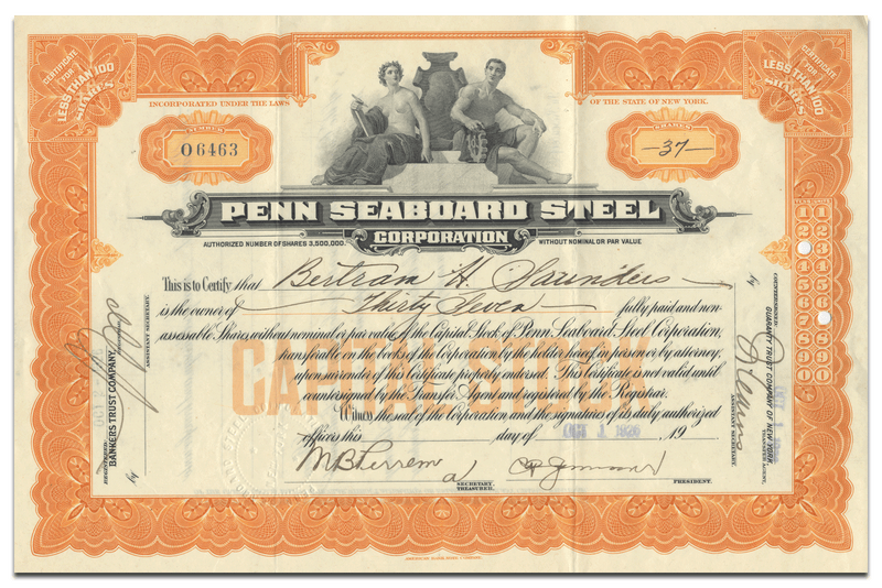 Penn Seaboard Steel Corporation Stock Certificate