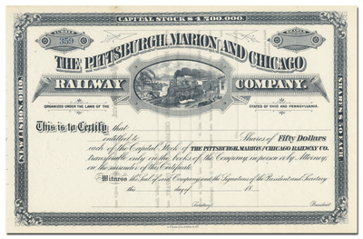 Pittsburgh, Marion and Chicago Railway Company Stock Certificate