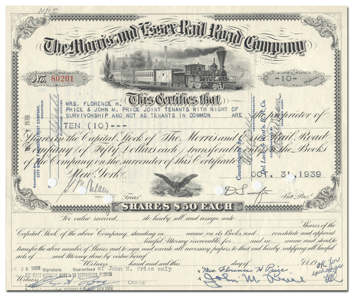 Morris and Essex Rail Road Company Stock Certificate