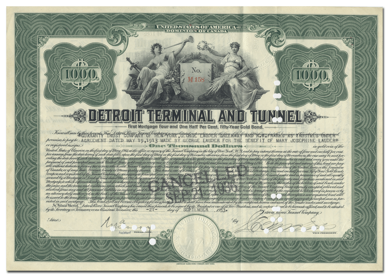 Detroit Terminal and Tunnel Company Bond Certificate