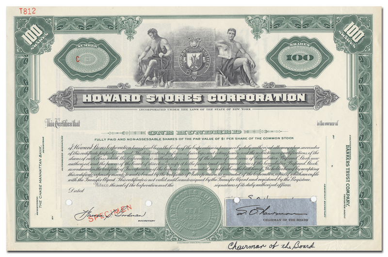 Howard Stores Corporation Specimen Stock Certificate