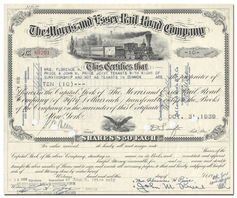 Morris and Essex Rail Road Company Stock Certificate