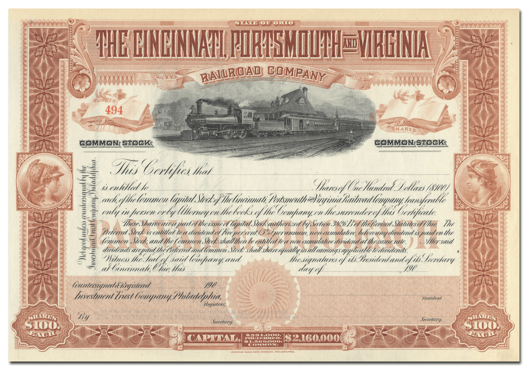 Cincinnati, Portsmouth and Virginia Railroad Company Stock Certificate