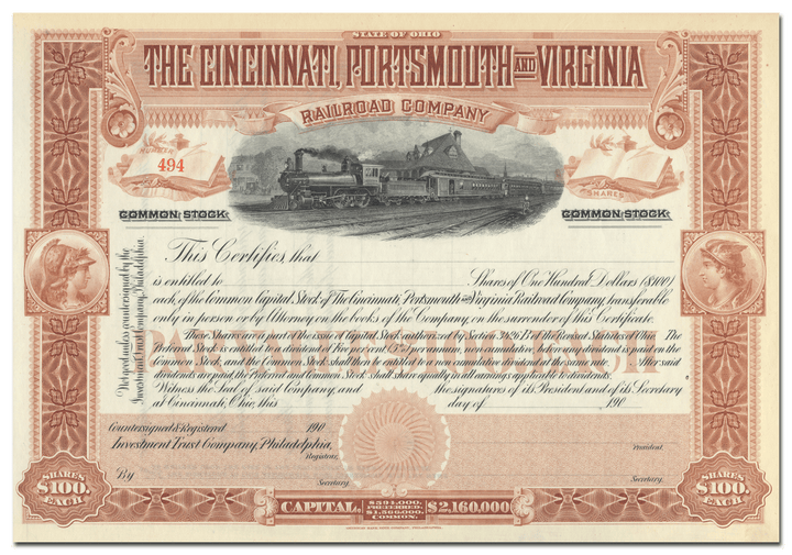 Cincinnati, Portsmouth and Virginia Railroad Company Stock Certificate