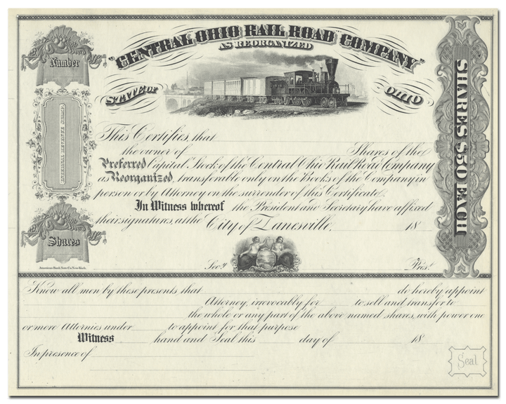 Central Ohio Rail Road Company Stock Certificate