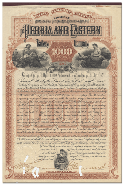 Peoria and Eastern Railway Company Bond Certificate