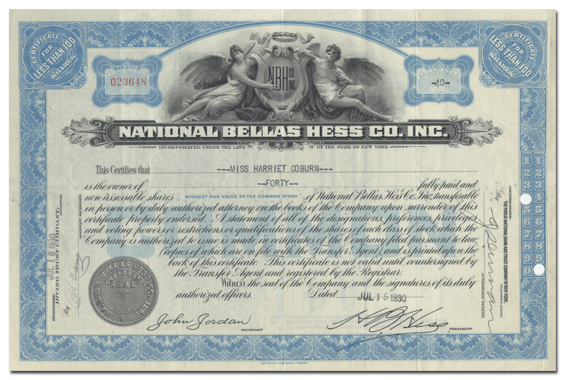 National Bellas Hess Co., Inc. Stock Certificate