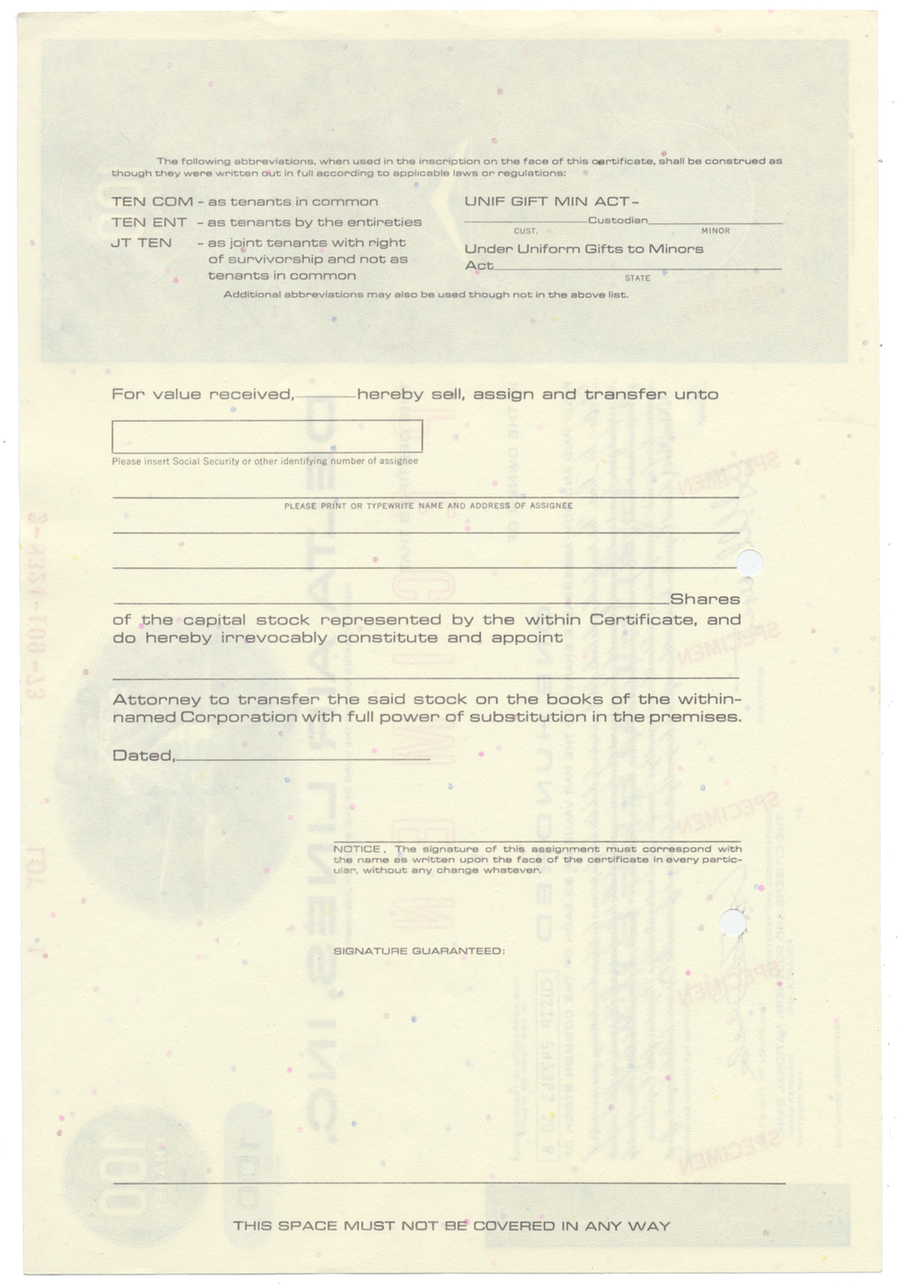 Delta Air Lines, Inc. Specimen Stock Certificate