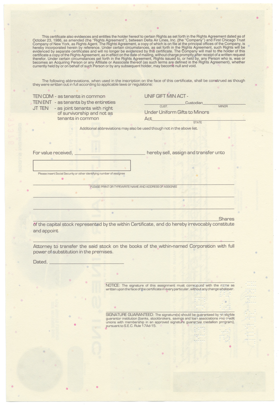 Delta Air Lines, Inc. Specimen Stock Certificate