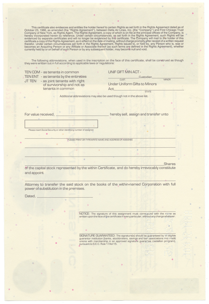 Delta Air Lines, Inc. Specimen Stock Certificate