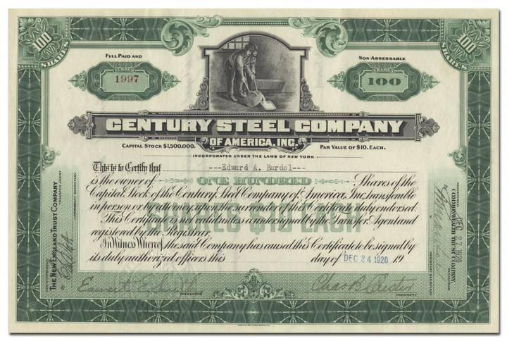 Century Steel Company of America Stock Certificate