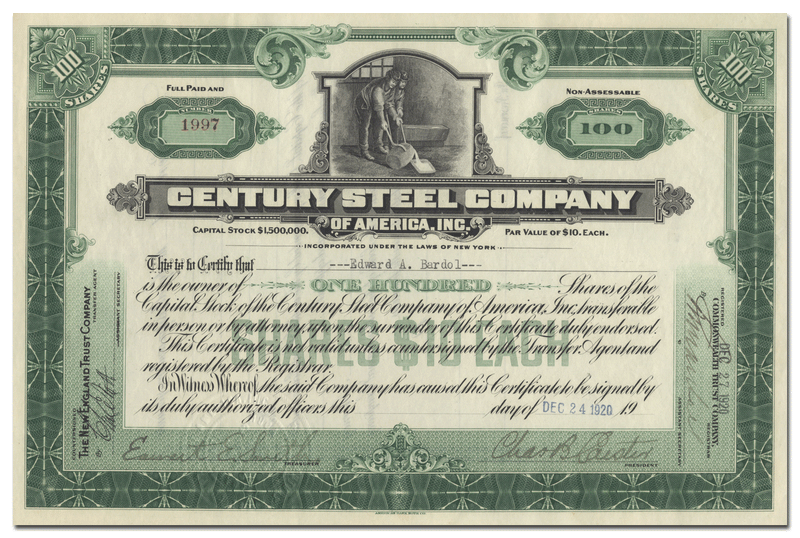 Century Steel Company of America Stock Certificate