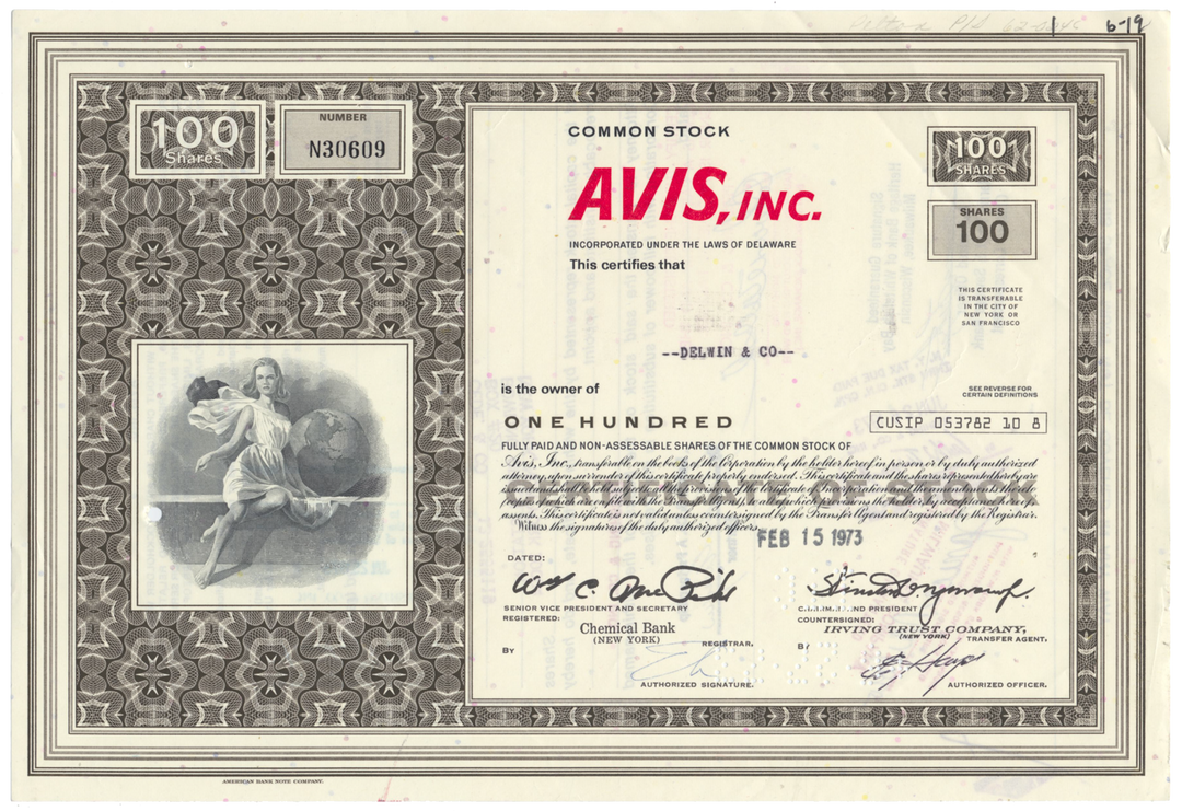 Avis, Inc. Stock Certificate