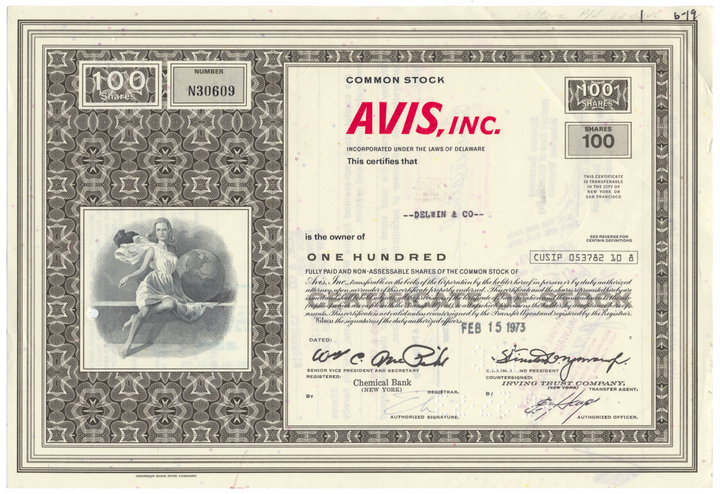 Avis, Inc. Stock Certificate