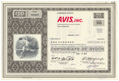 Avis, Inc. Stock Certificate