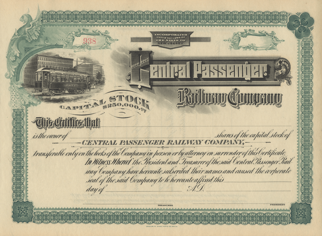 Central Passenger Railway Company Stock Certificate