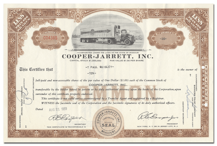 Cooper-Jarrett, Inc. Stock Certificate