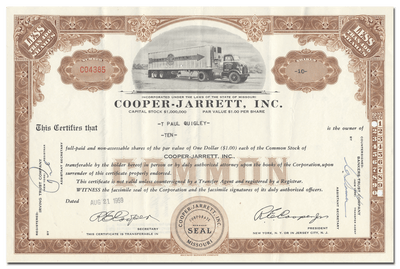Cooper-Jarrett, Inc. Stock Certificate