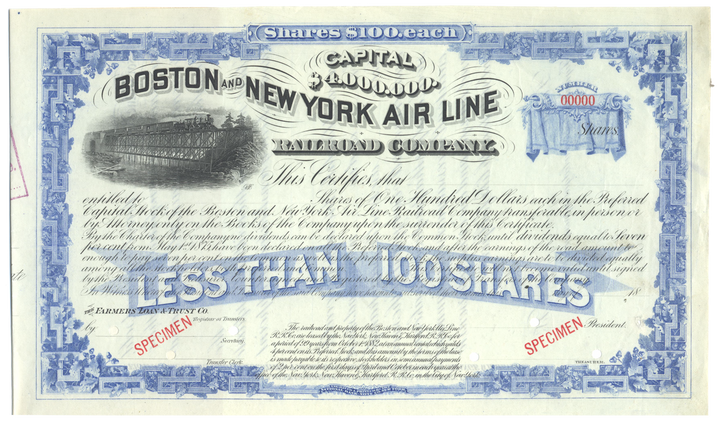 Boston and New York Air Line Railroad Company Specimen Stock Certificate