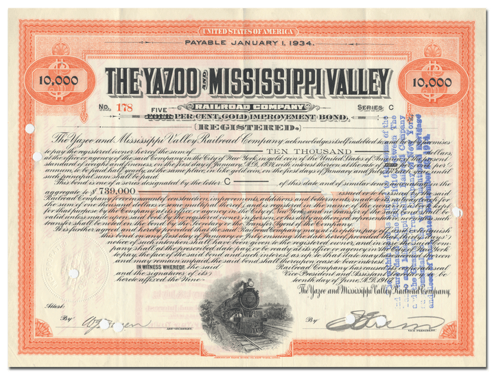 Yazoo and Mississippi Valley Railroad Company Bond Certificate