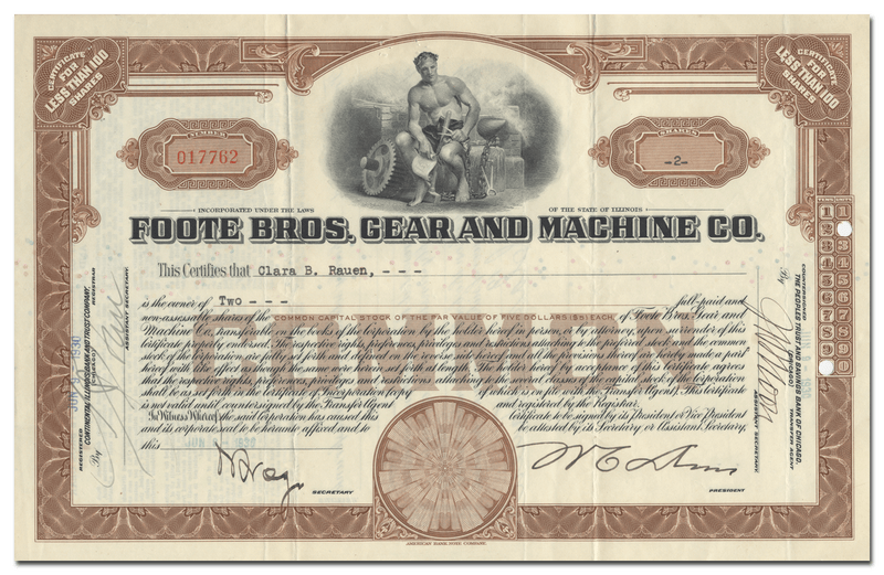 Foote Bros. Gear and Machine Co. Stock Certificate