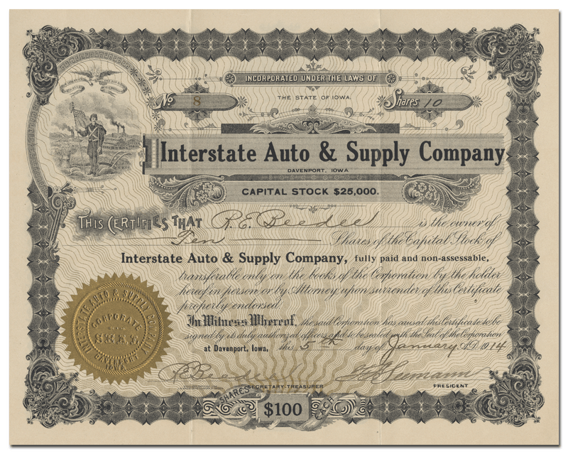 Interstate Auto & Supply Company Stock Certificate