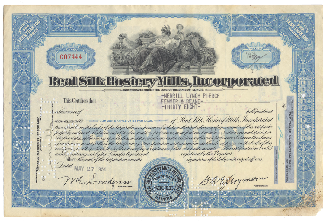 Real Silk Hosiery Mills Stock Certificate