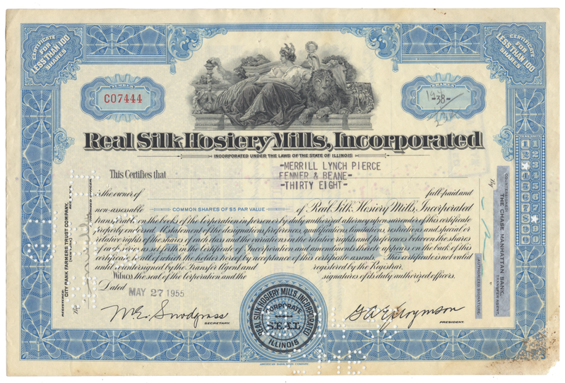 Real Silk Hosiery Mills Stock Certificate