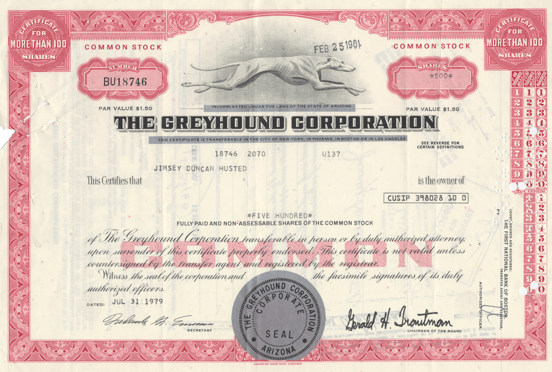 Greyhound Corporation Stock Certificate