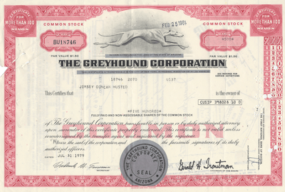 Greyhound Corporation Stock Certificate