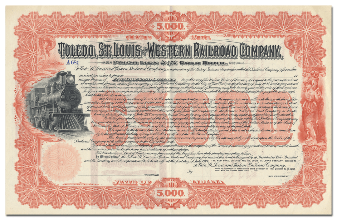 Toledo, St. Louis and Western Railroad Company Bond Certificate