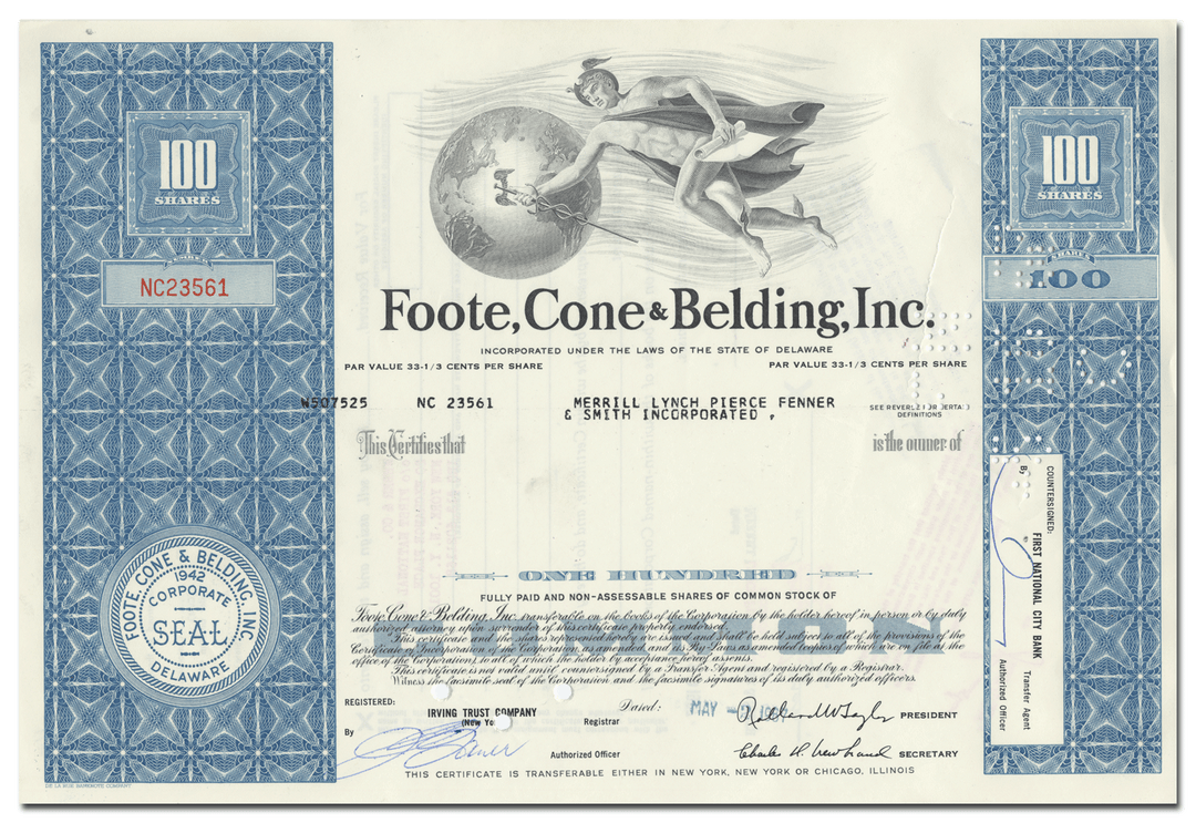 Foote, Cone & Belding, Inc. Stock Certificate