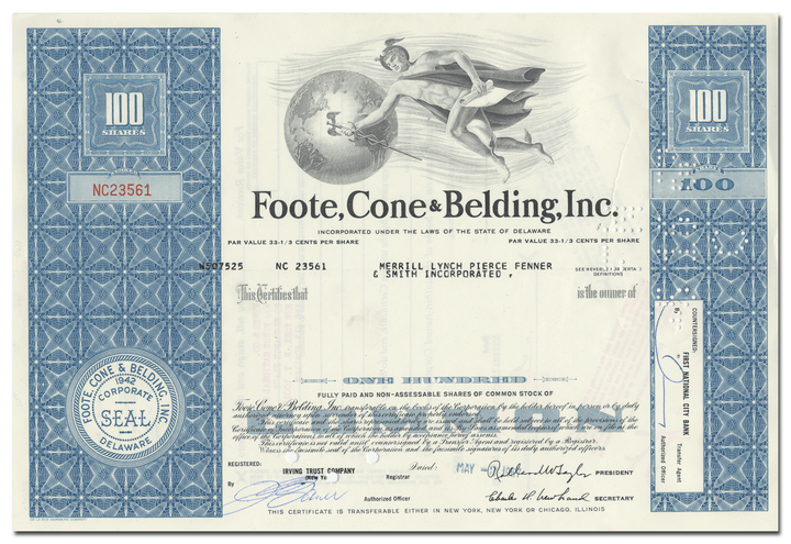 Foote, Cone & Belding, Inc. Stock Certificate