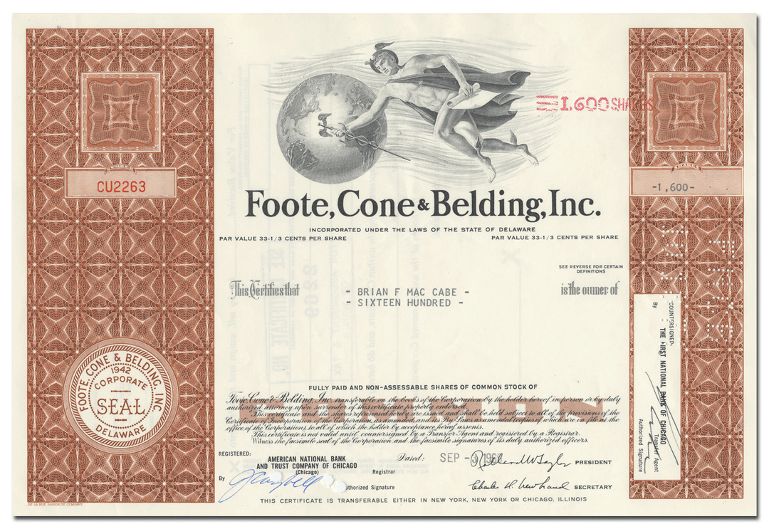 Foote, Cone & Belding, Inc. Stock Certificate