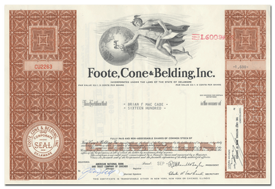 Foote, Cone & Belding, Inc. Stock Certificate