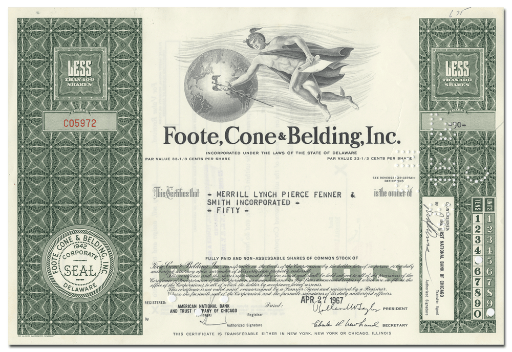 Foote, Cone & Belding, Inc. Stock Certificate