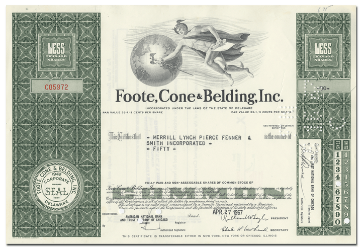 Foote, Cone & Belding, Inc. Stock Certificate