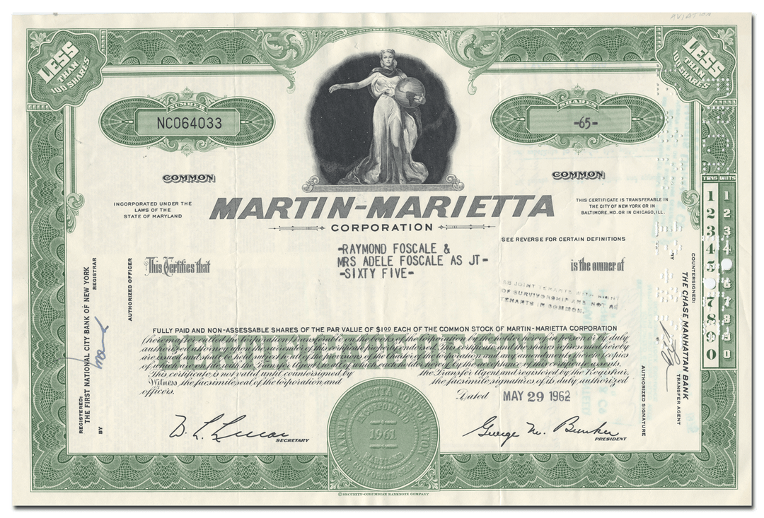 Martin-Marietta Corporation Stock Certificate