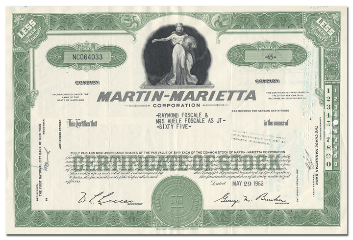 Martin-Marietta Corporation Stock Certificate